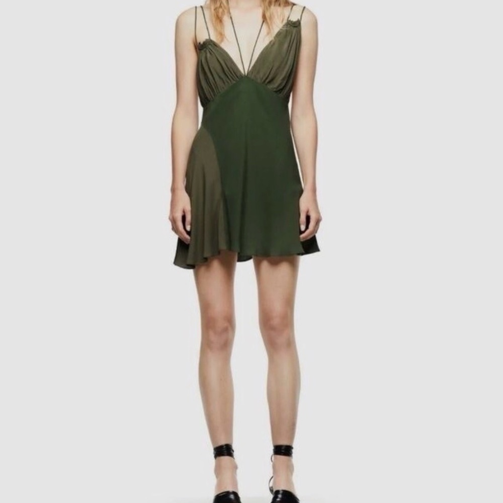 Zara Olive Green Asymmetrical Slip Mini Dress with Spaghetti Straps
